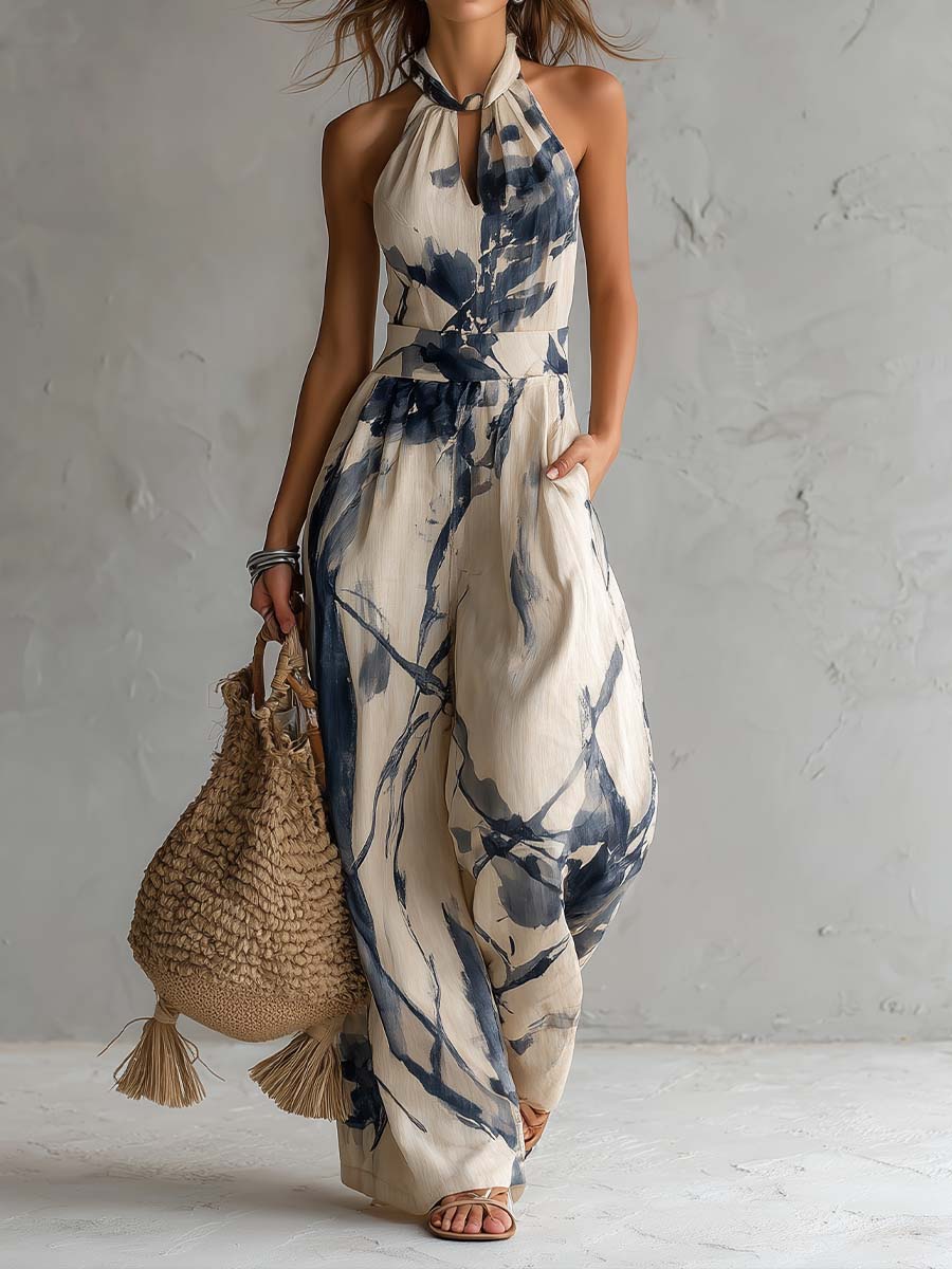 Valeria | Mono Palazzo con Cuello Halter, Estampado Tinta y Bolsillos