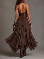Elisa | Vestido largo de gasa y encaje marrón