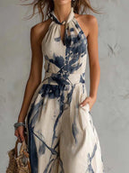 Valeria | Mono Palazzo con Cuello Halter, Estampado Tinta y Bolsillos