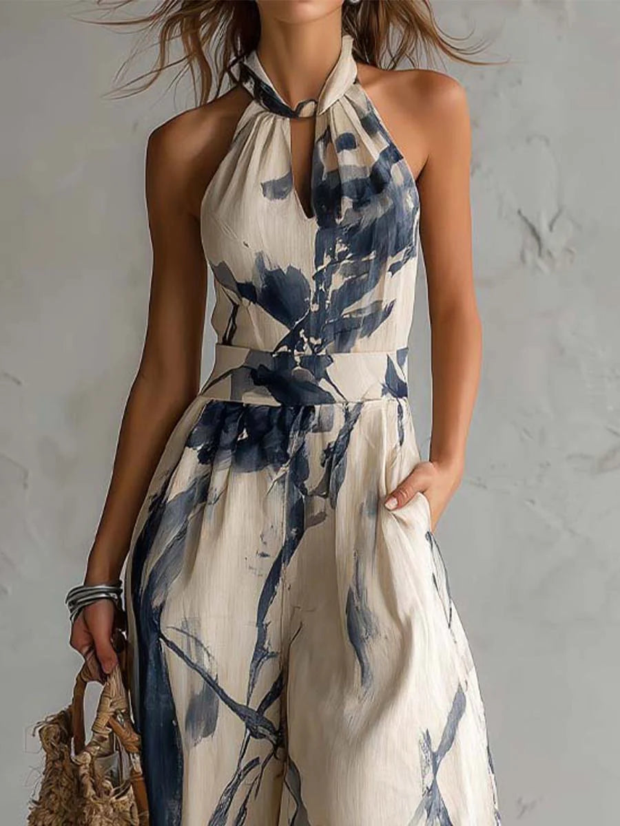 Valeria | Mono Palazzo con Cuello Halter, Estampado Tinta y Bolsillos