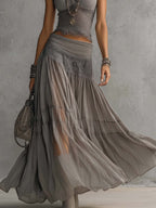 Marina | Conjunto de Top con Paneles de Encaje y Falda Maxi Plisada Gris