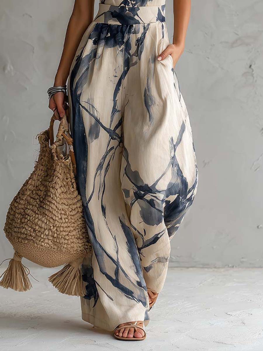 Valeria | Mono Palazzo con Cuello Halter, Estampado Tinta y Bolsillos