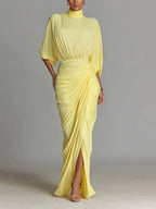 Magdalena | Vestido Maxi Amarillo Drapeado con Abertura
