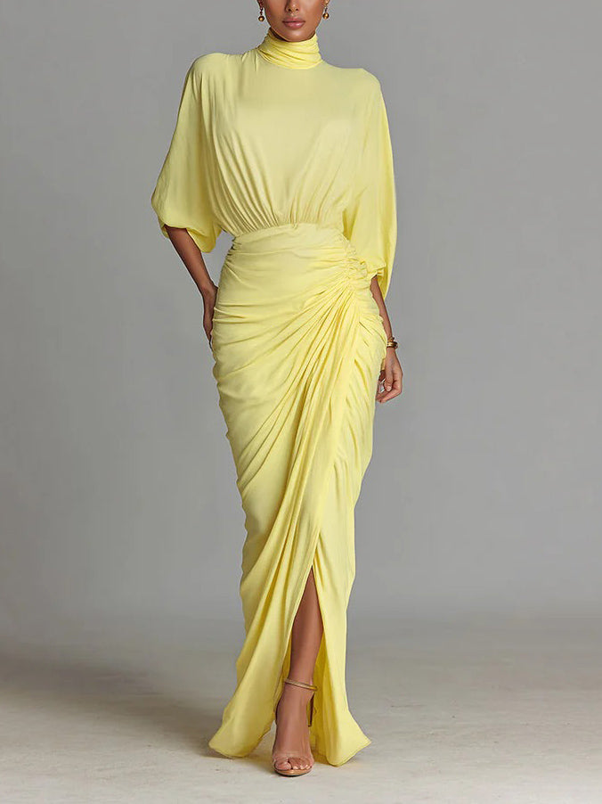 Magdalena | Vestido Maxi Amarillo Drapeado con Abertura