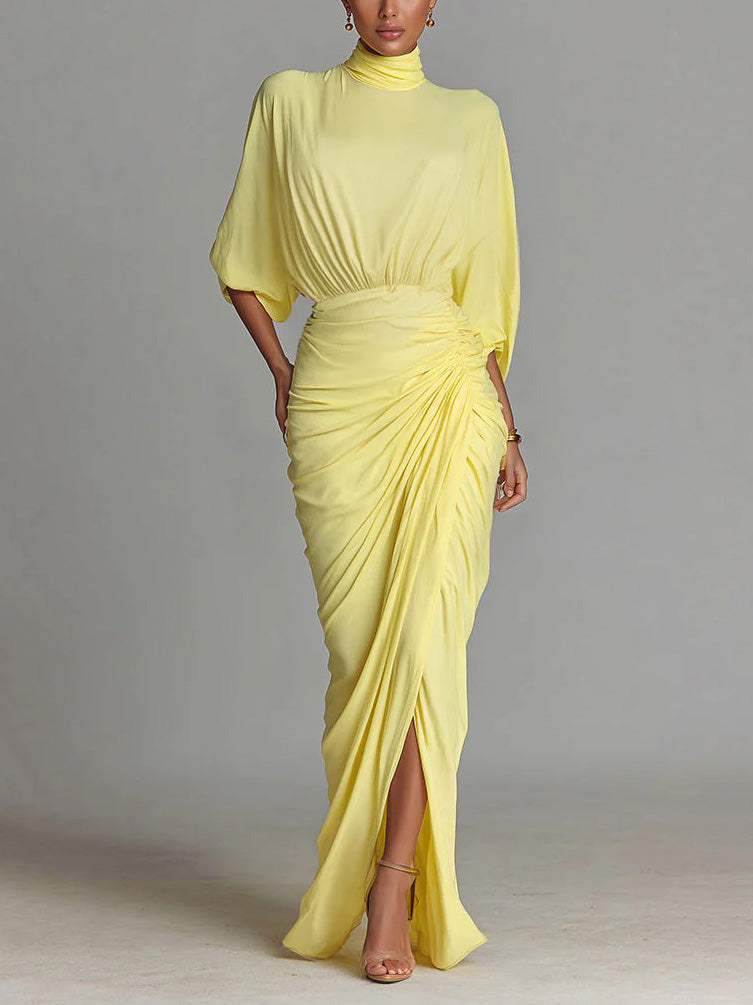 Magdalena | Vestido Maxi Amarillo Drapeado con Abertura