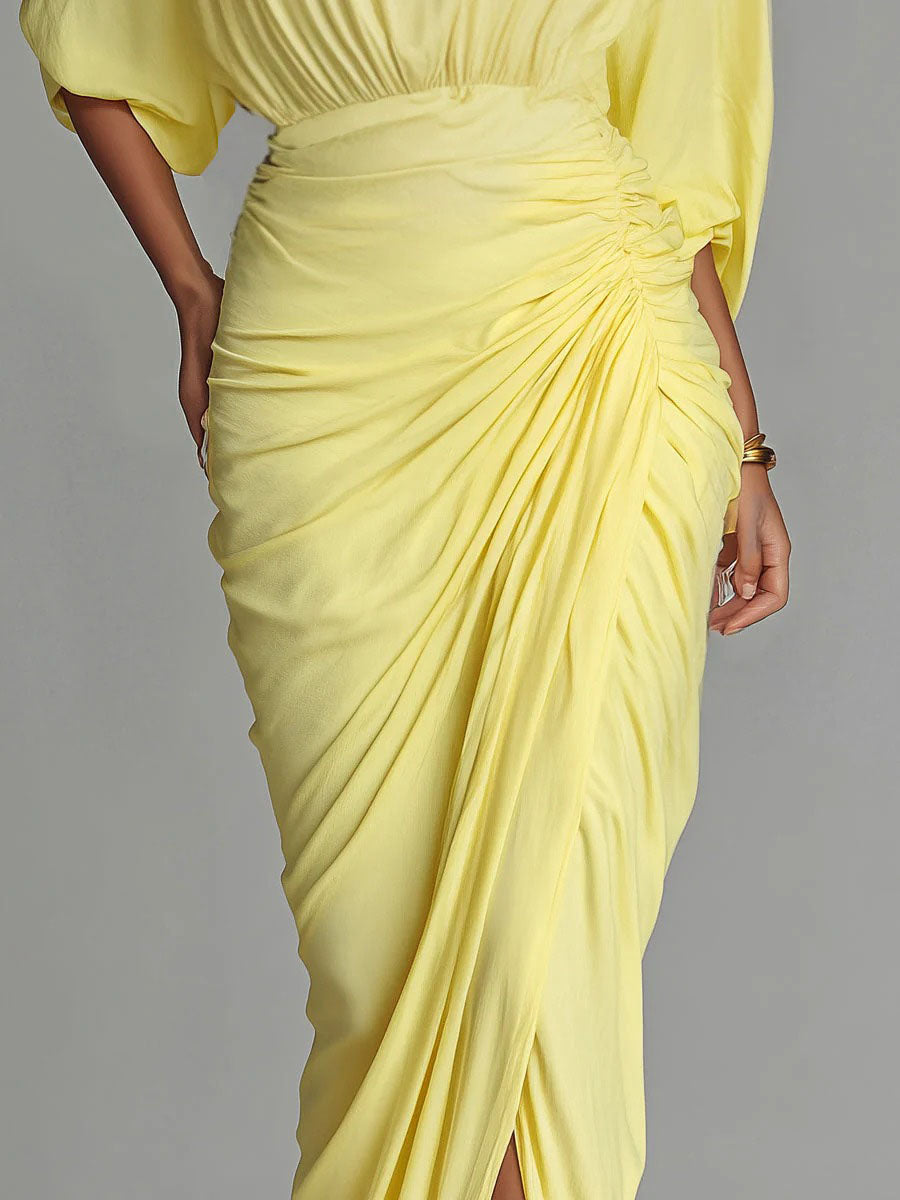 Magdalena | Vestido Maxi Amarillo Drapeado con Abertura