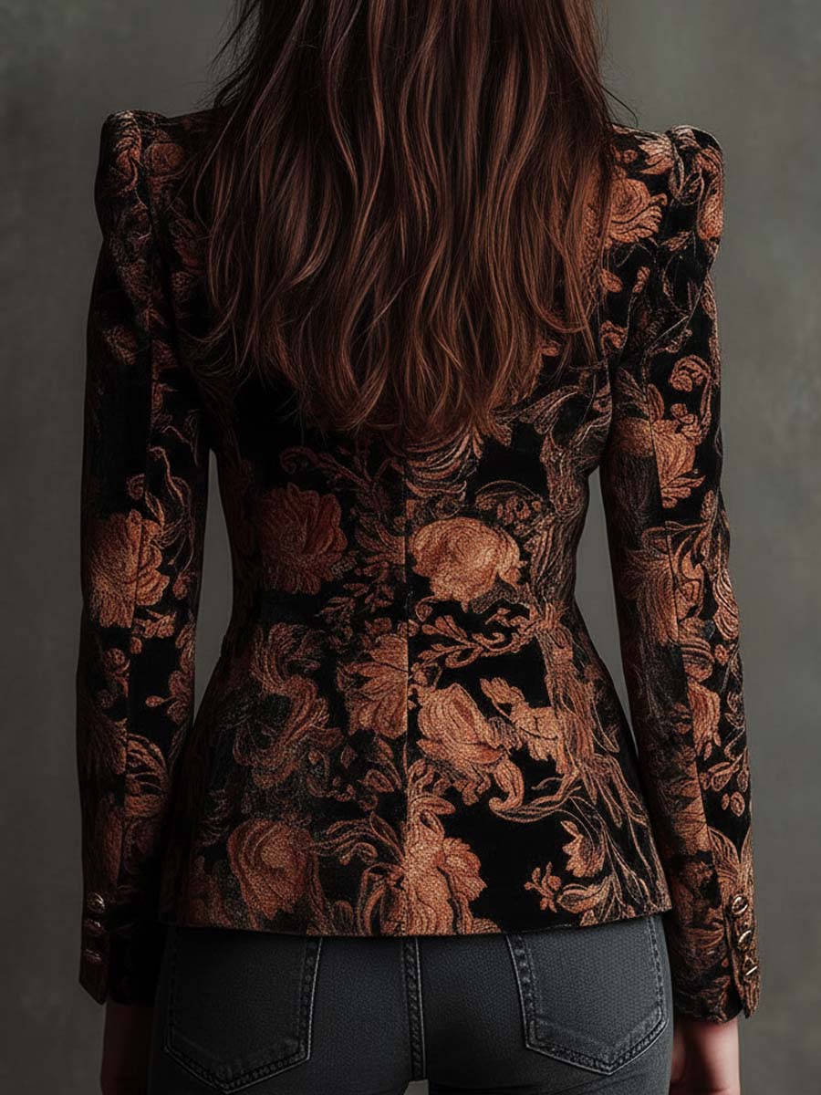 Sofía | Blazer Entallado con Estampado Floral Negro y Bronce
