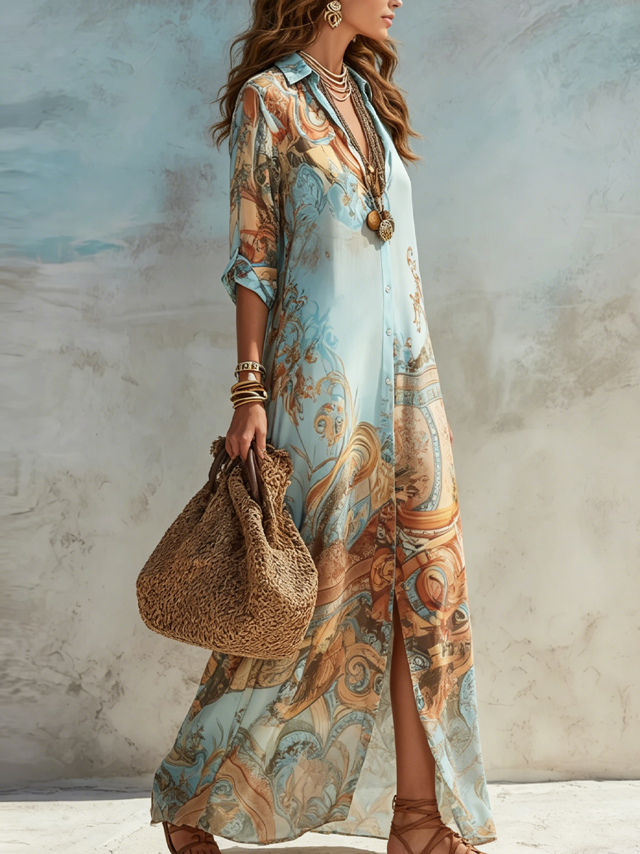 Bianca | Vestido Maxi Azul de Gasa con Estampado Floral Estilo Barroco
