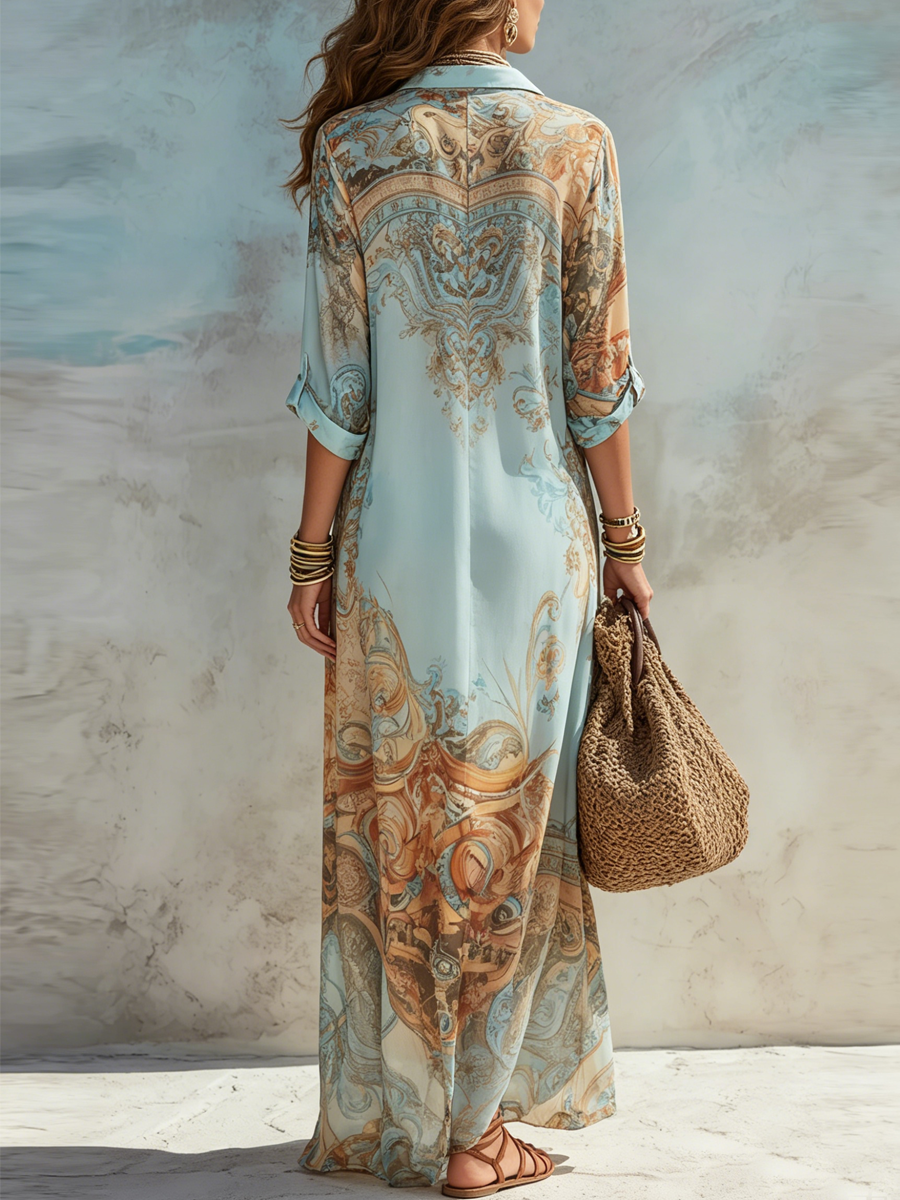 Bianca | Vestido Maxi Azul de Gasa con Estampado Floral Estilo Barroco