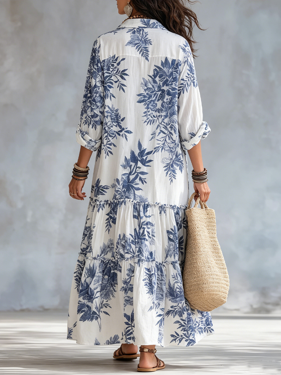 Paloma | Vestido Maxi Bohemio con Estampado Floral Azul y Botones