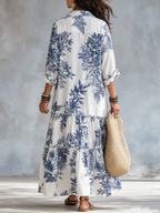 Paloma | Vestido Maxi Bohemio con Estampado Floral Azul y Botones
