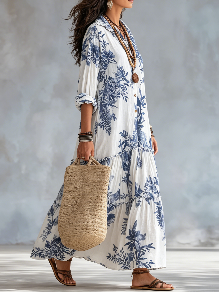 Paloma | Vestido Maxi Bohemio con Estampado Floral Azul y Botones