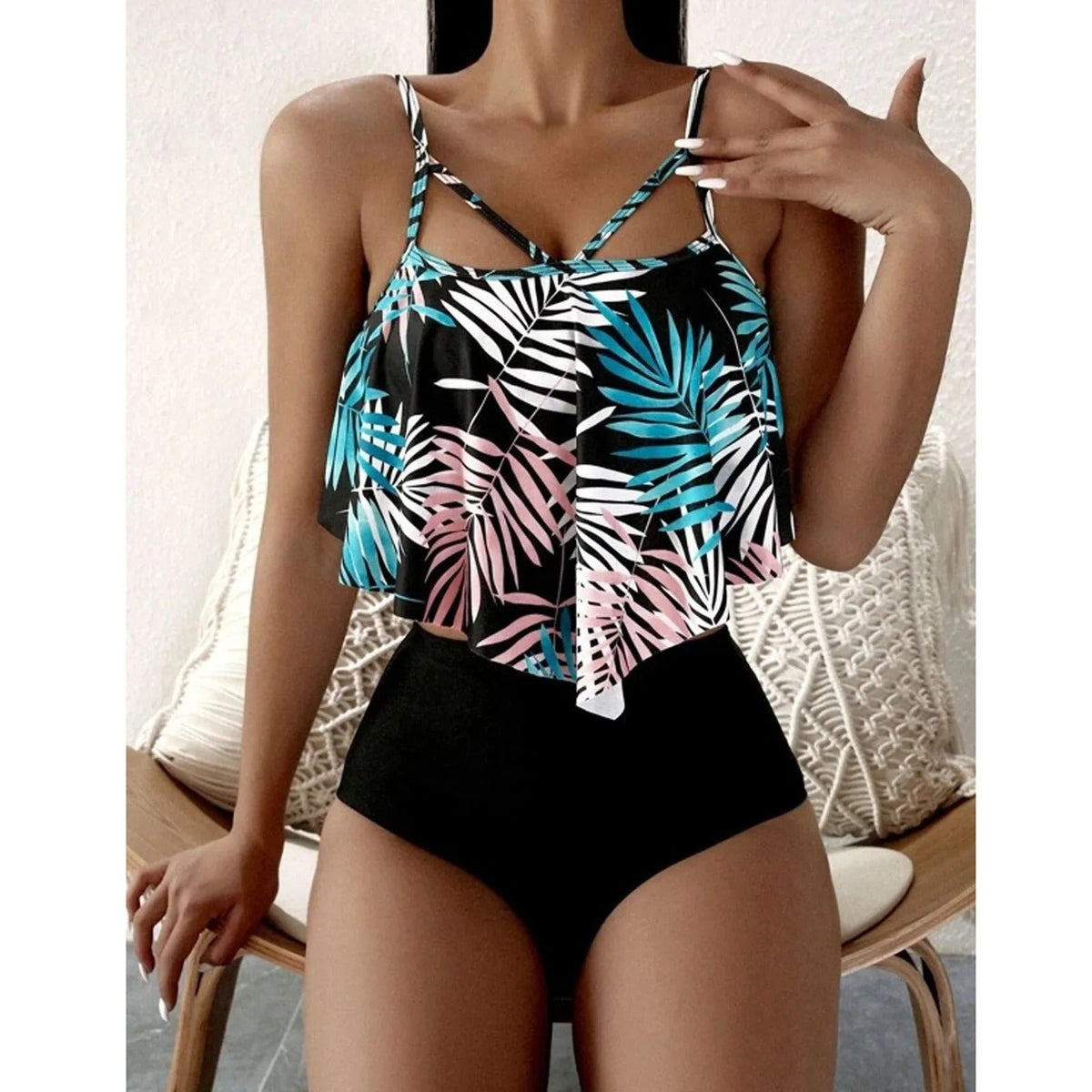 Lola - Tankini con volantes y estampado de hojas
