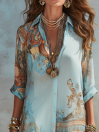Bianca | Vestido Maxi Azul de Gasa con Estampado Floral Estilo Barroco