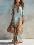 Bianca | Vestido Maxi Azul de Gasa con Estampado Floral Estilo Barroco