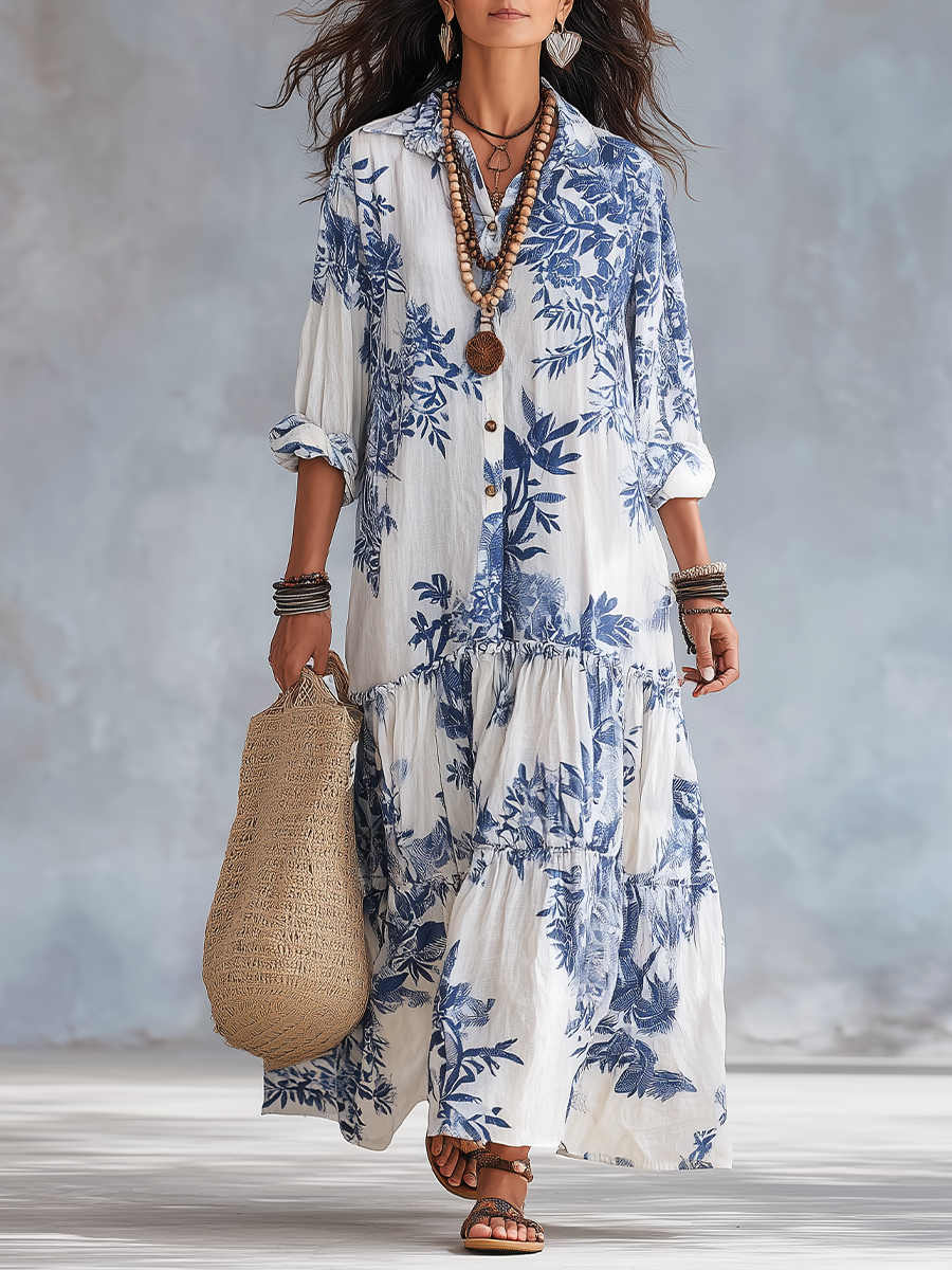 Paloma | Vestido Maxi Bohemio con Estampado Floral Azul y Botones