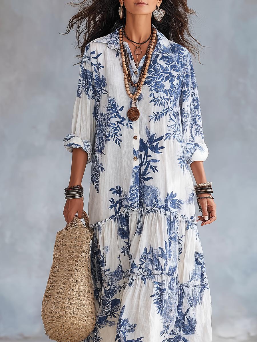 Paloma | Vestido Maxi Bohemio con Estampado Floral Azul y Botones