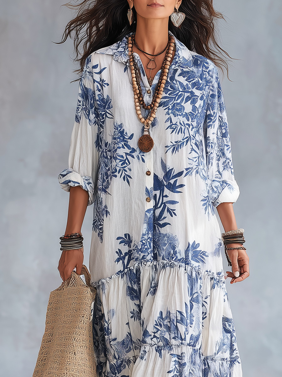 Paloma | Vestido Maxi Bohemio con Estampado Floral Azul y Botones