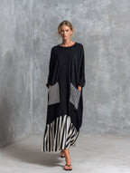Alba | Vestido largo oversize de algodón negro con rayas efecto patchwork