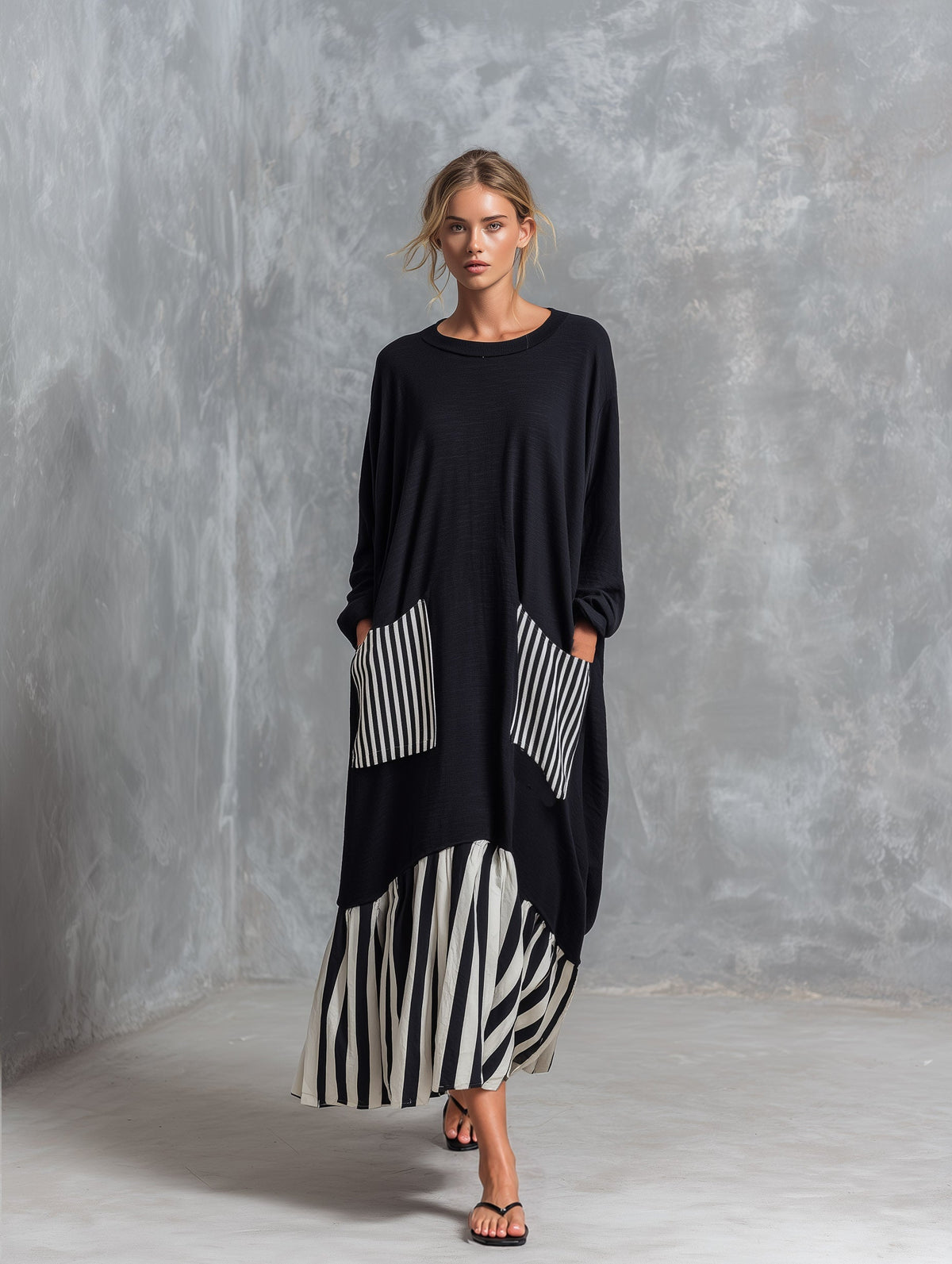 Alba | Vestido largo oversize de algodón negro con rayas efecto patchwork