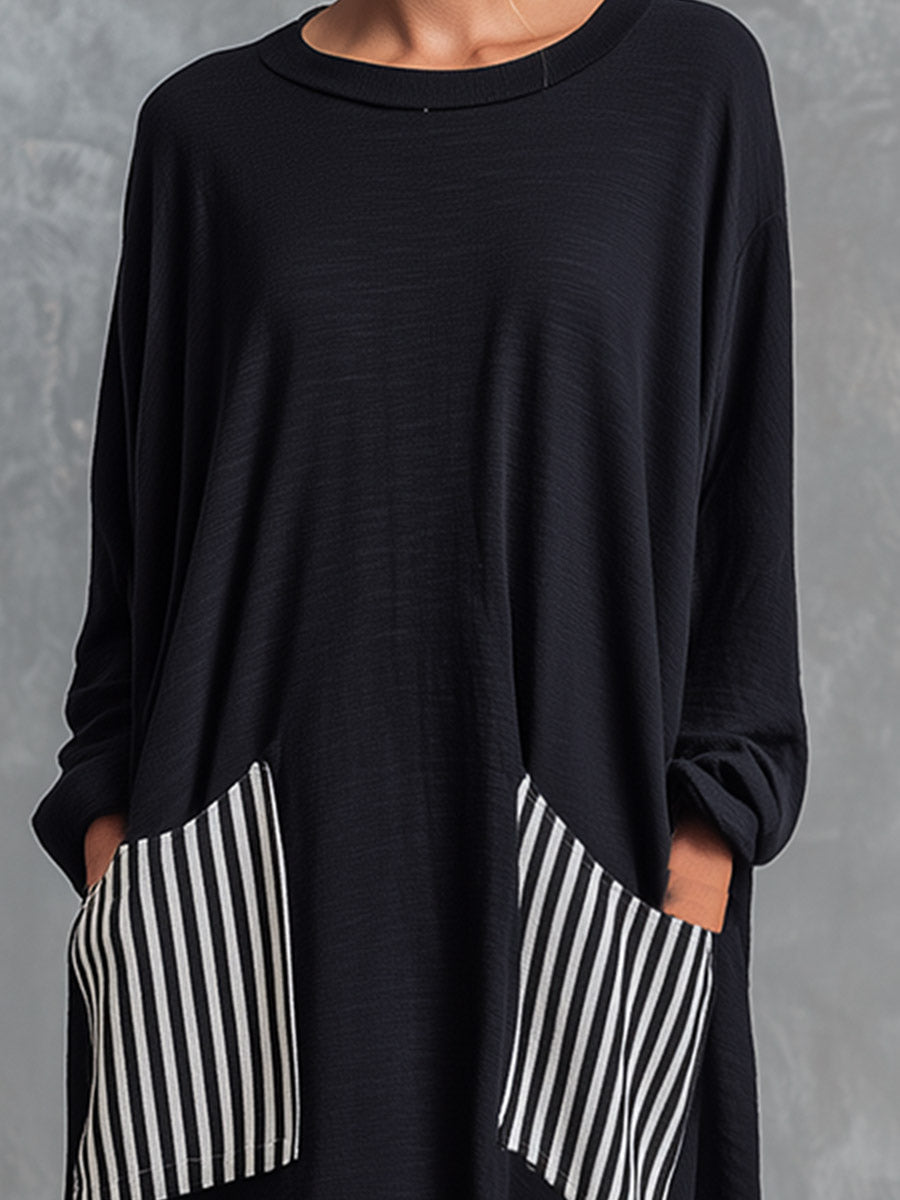Alba | Vestido largo oversize de algodón negro con rayas efecto patchwork