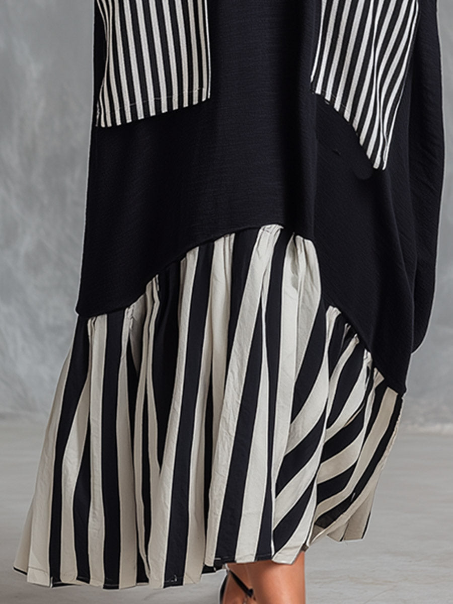 Alba | Vestido largo oversize de algodón negro con rayas efecto patchwork