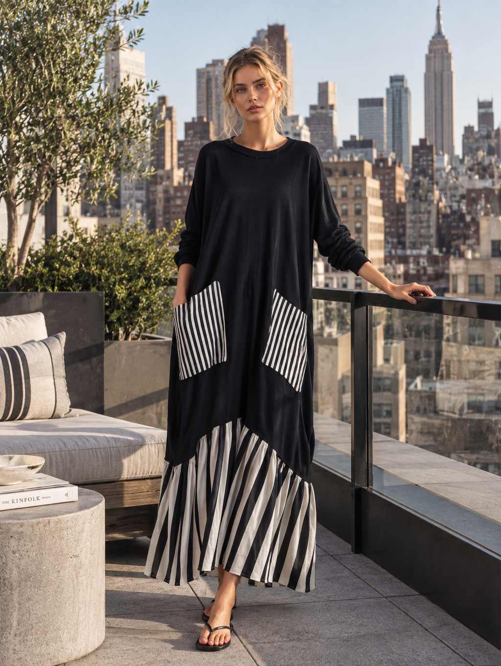 Alba | Vestido largo oversize de algodón negro con rayas efecto patchwork