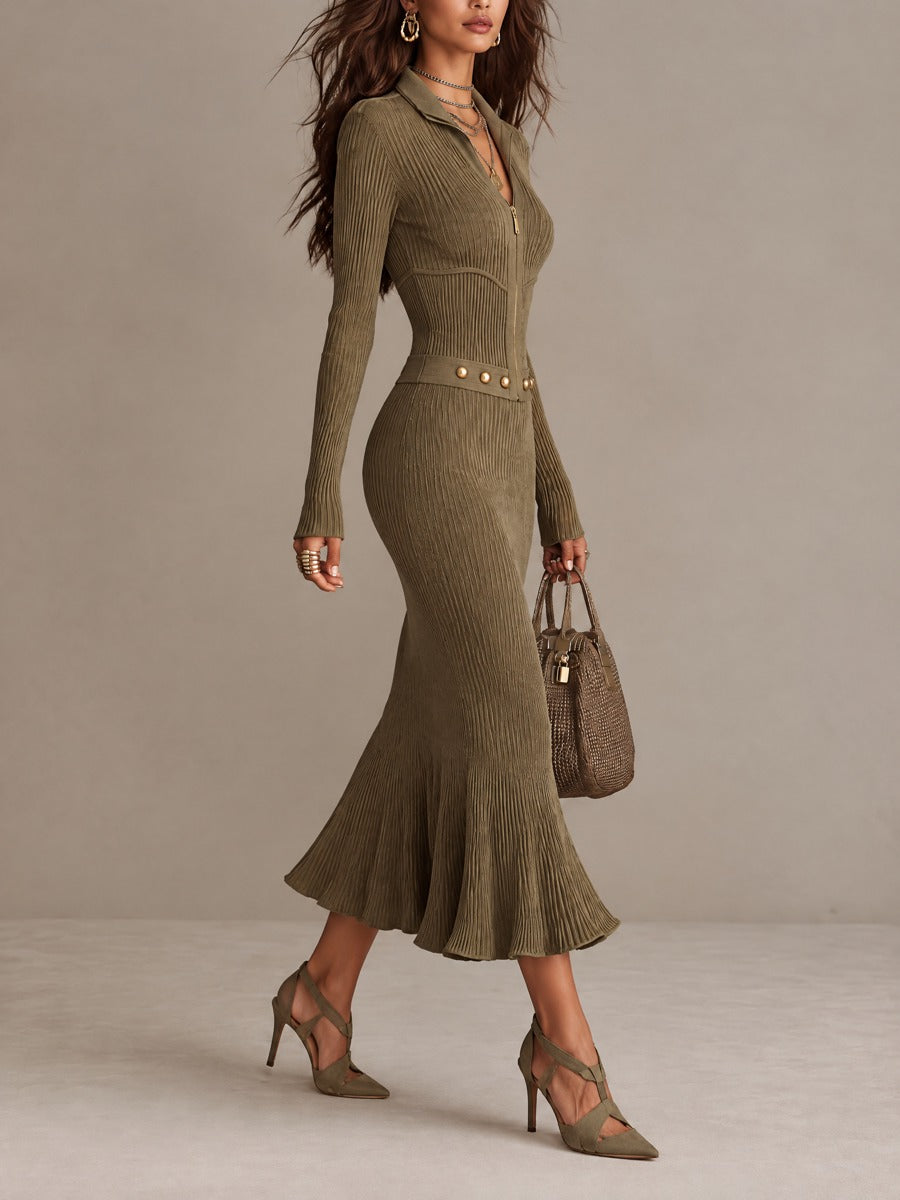 Marta | Vestido midi de punto canalé con cremallera, bajo sirena y cinturón de tachuelas