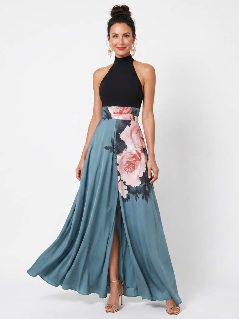Olimpia | Vestido Maxi Halter con Falda Floral