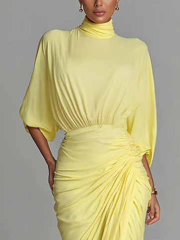 Magdalena | Vestido Maxi Amarillo Drapeado con Abertura