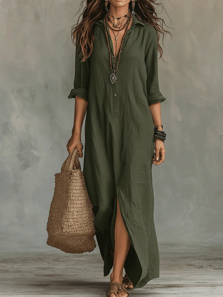 Soline | Vestido Maxi Negro Holgado con Botones