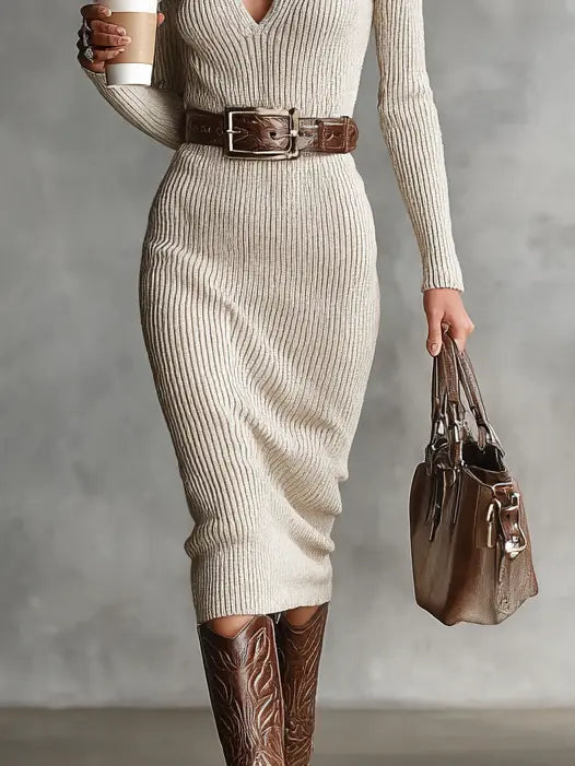 Irene | Vestido midi de punto con cuello alto, escote en V y cinturón