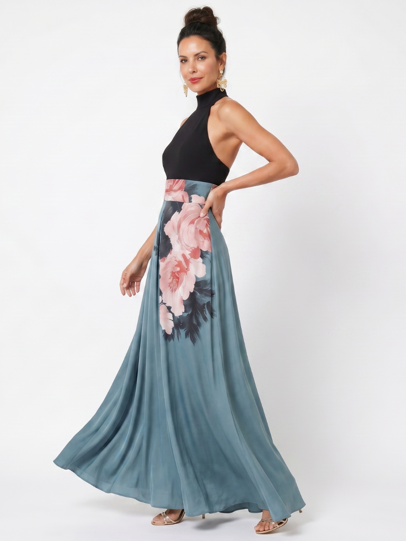 Olimpia | Vestido Maxi Halter con Falda Floral