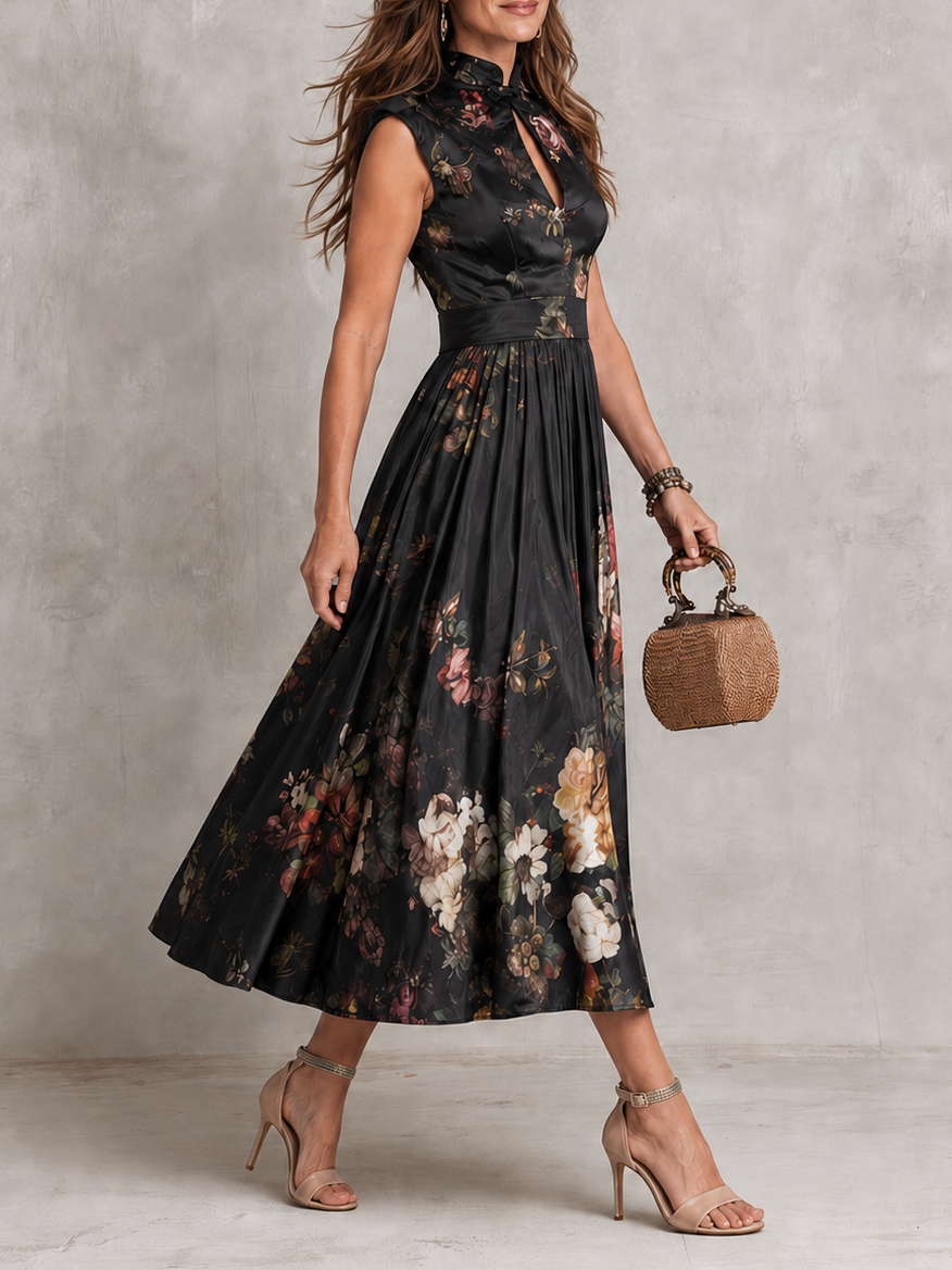 Gloria | Vestido Midi Plisado con Escote Ojo de Cerradura
