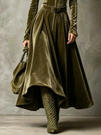 Vega | Vestido largo de terciopelo verde oliva con cremallera estilo vintage (cinturón incluido)