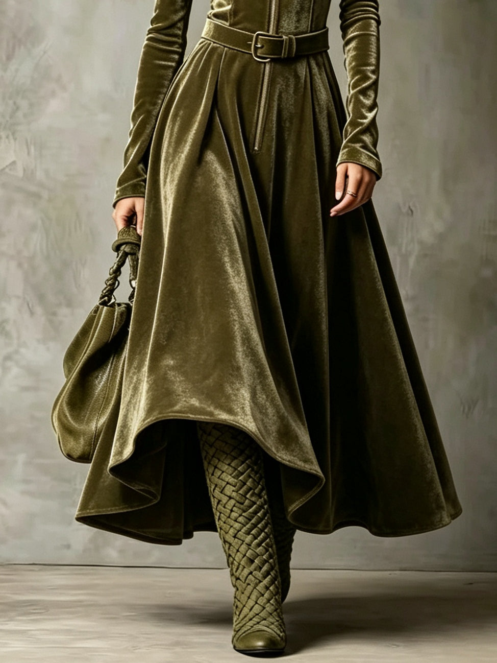Vega | Vestido largo de terciopelo verde oliva con cremallera estilo vintage (cinturón incluido)