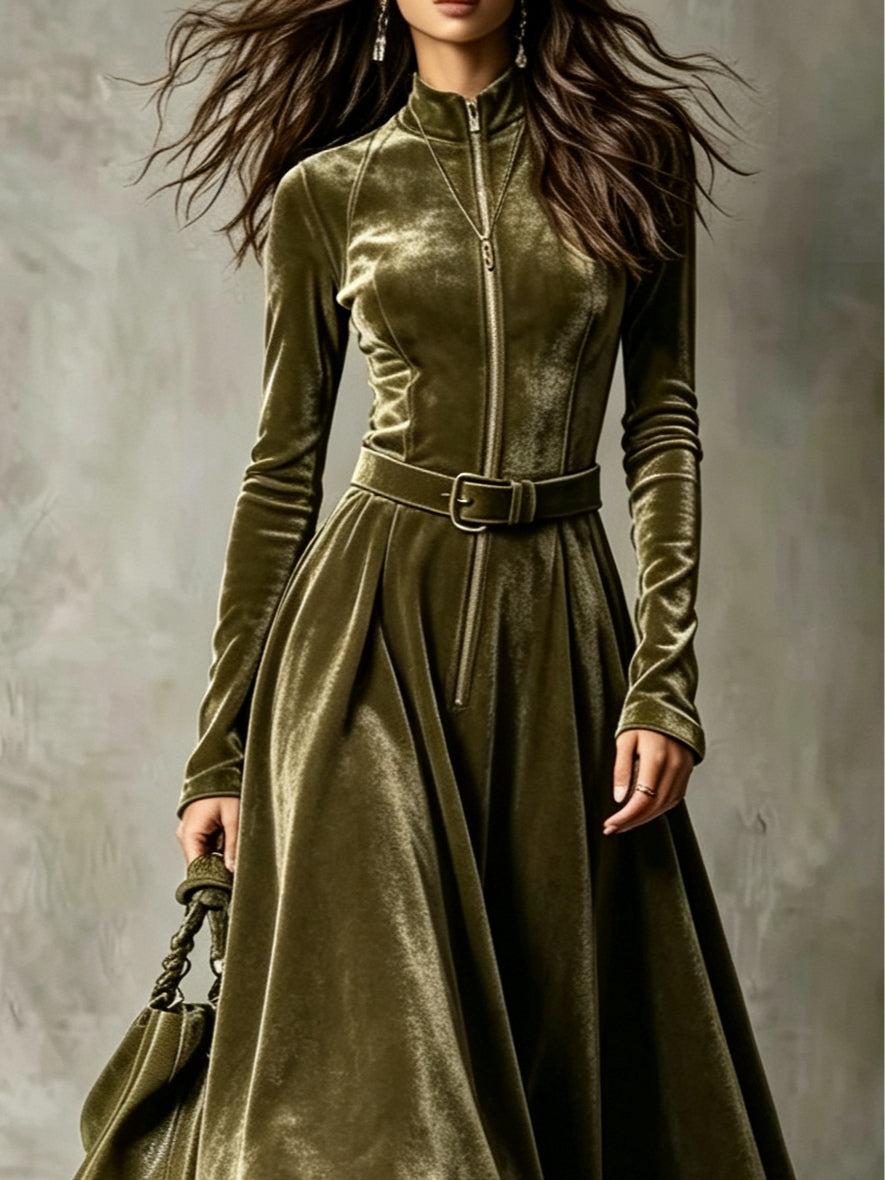 Vega | Vestido largo de terciopelo verde oliva con cremallera estilo vintage (cinturón incluido)