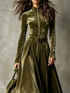 Vega | Vestido largo de terciopelo verde oliva con cremallera estilo vintage (cinturón incluido)