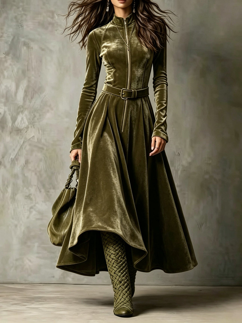 Vega | Vestido largo de terciopelo verde oliva con cremallera estilo vintage (cinturón incluido)