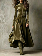 Vega | Vestido largo de terciopelo verde oliva con cremallera estilo vintage (cinturón incluido)