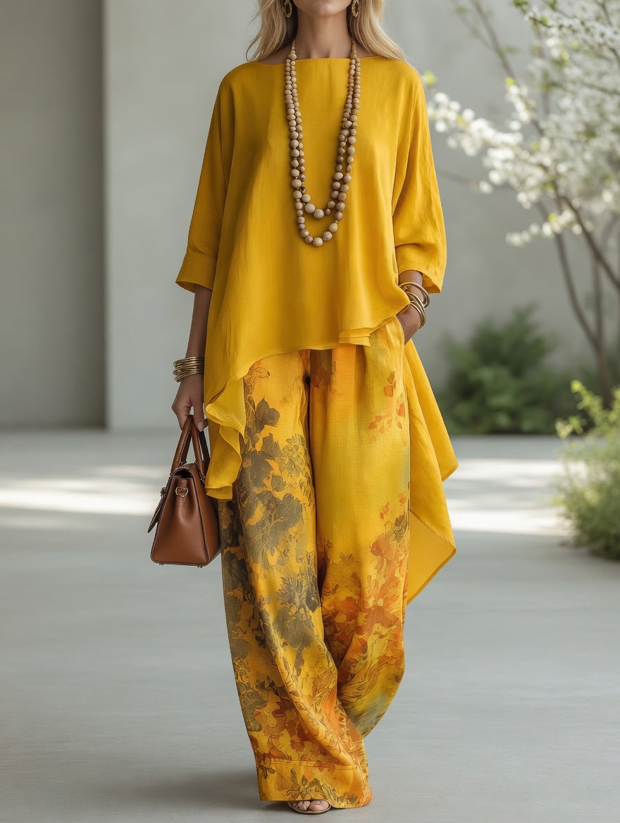 Lucila | Conjunto vintage de túnica asimétrica y pantalón ancho estampado