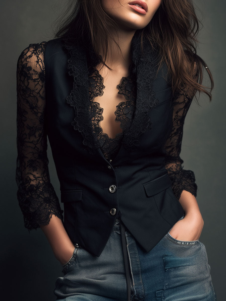 Valeria | Blazer Negro con Mangas Semitransparentes