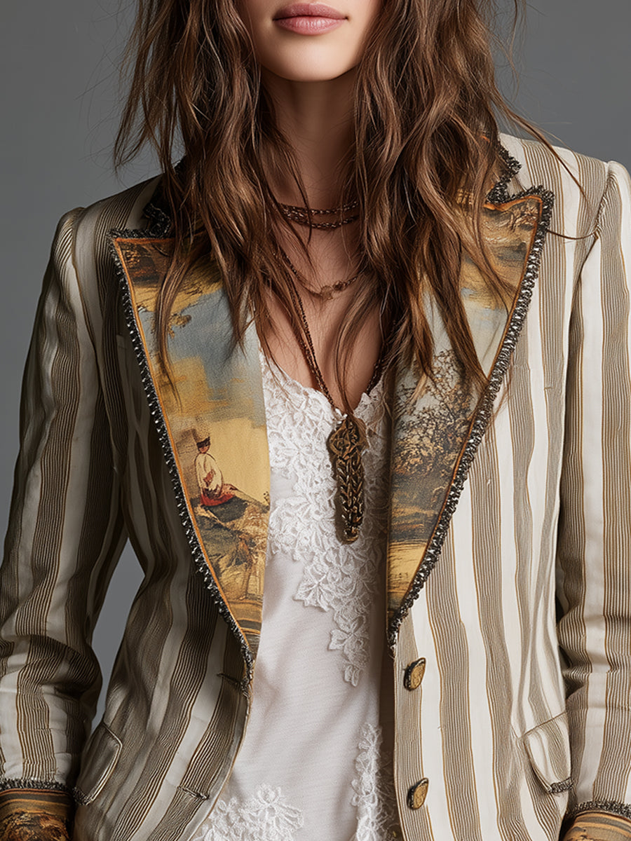 Rosana | Blazer Bohemio de Rayas con Cuello Estampado