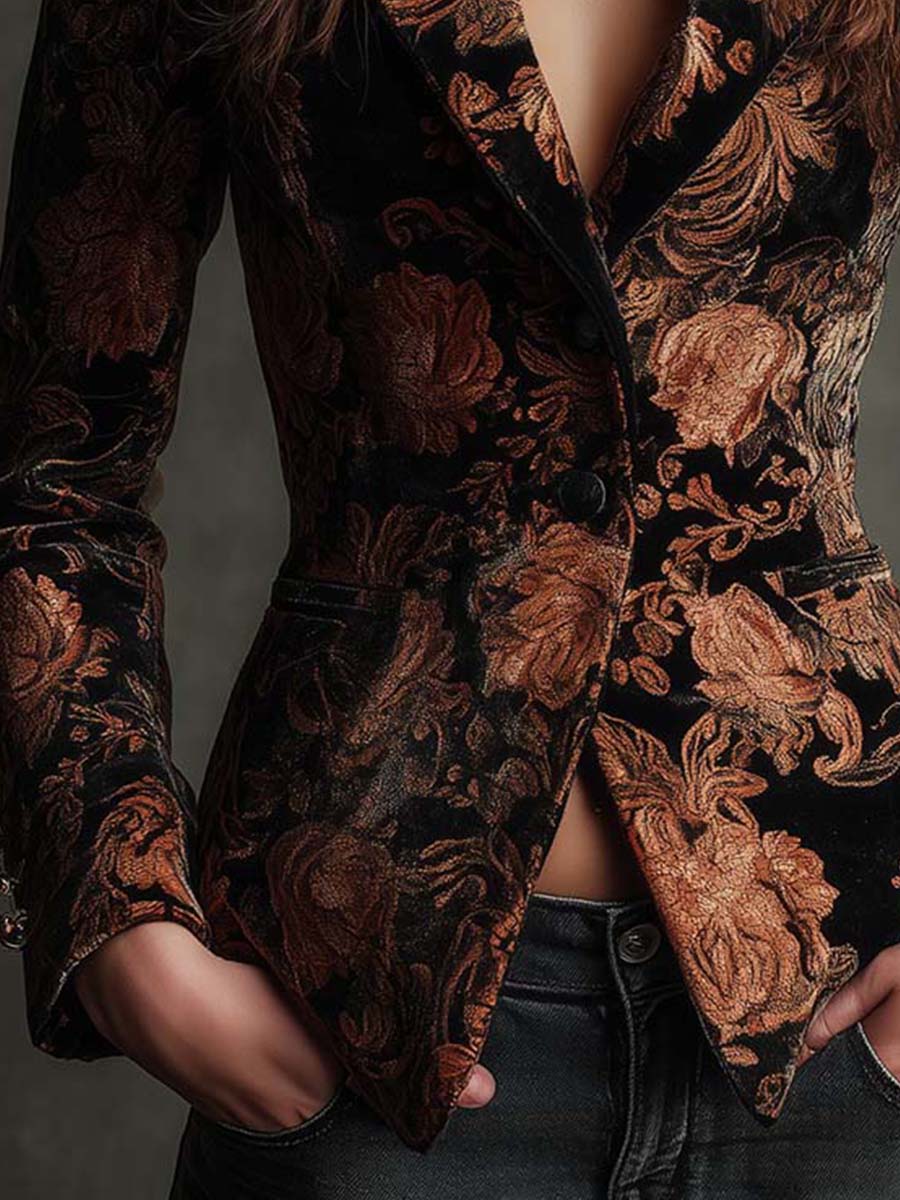 Sofía | Blazer Entallado con Estampado Floral Negro y Bronce