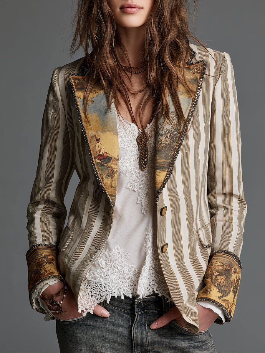 Rosana | Blazer Bohemio de Rayas con Cuello Estampado