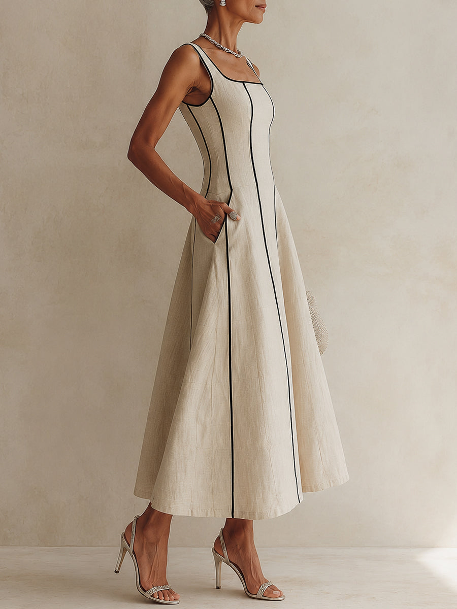 Manuela | Vestido largo de rayas en algodón y lino con ribete negro