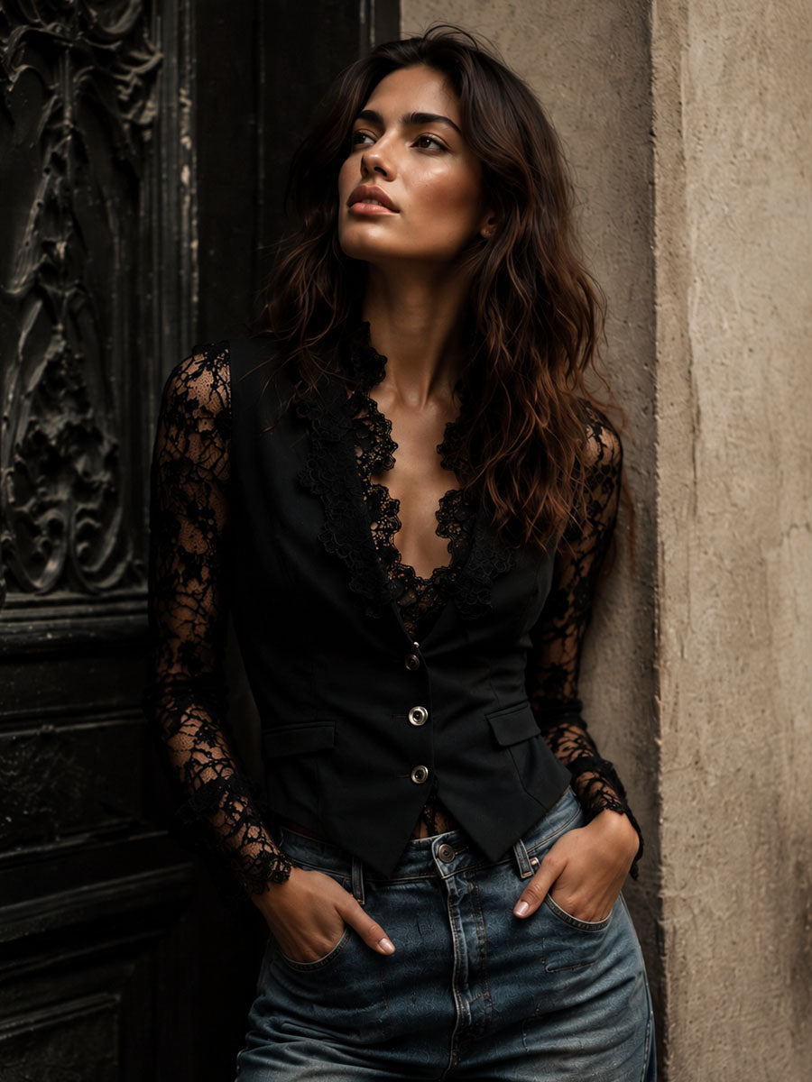 Valeria | Blazer Negro con Mangas Semitransparentes
