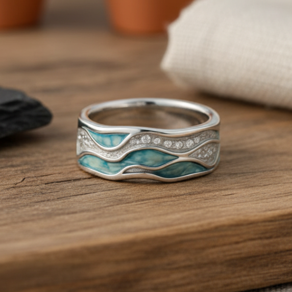 Regina | Anillo plateado de olas turquesa