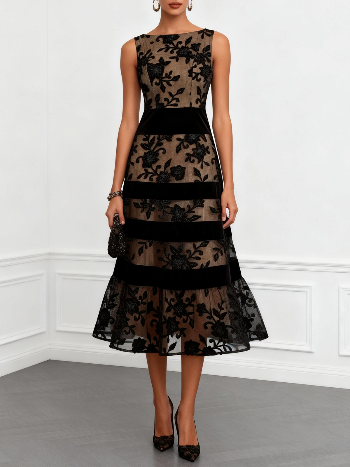 Camille | Vestido midi de malla floral sin mangas