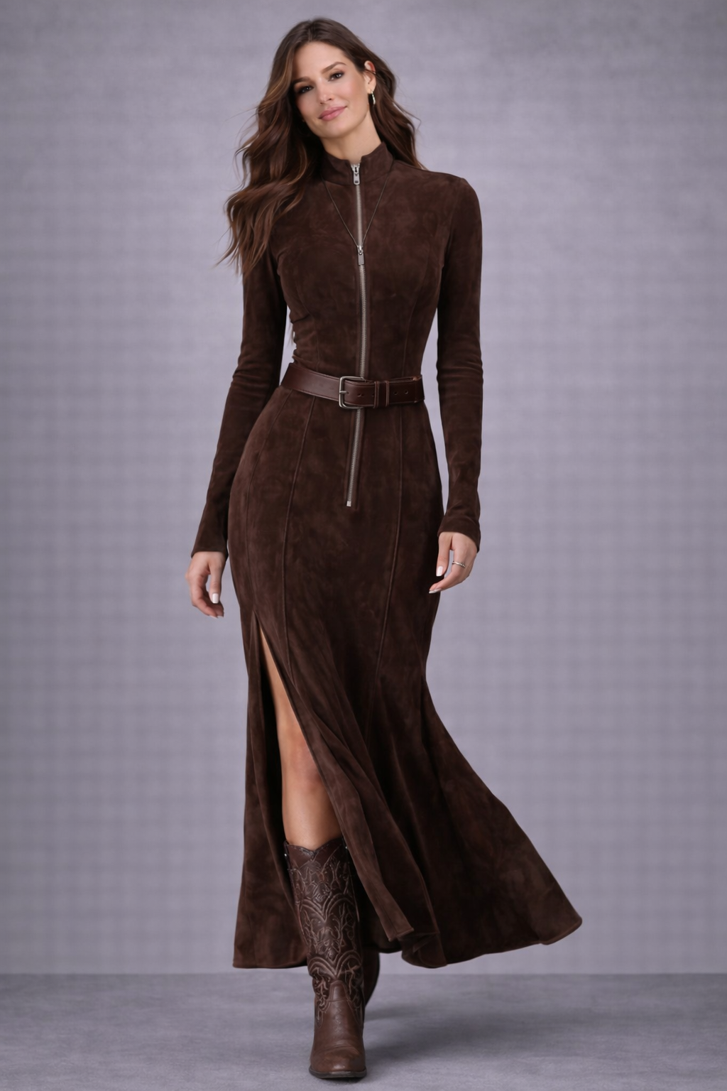 Almudena | Vestido largo marrón con cinturón